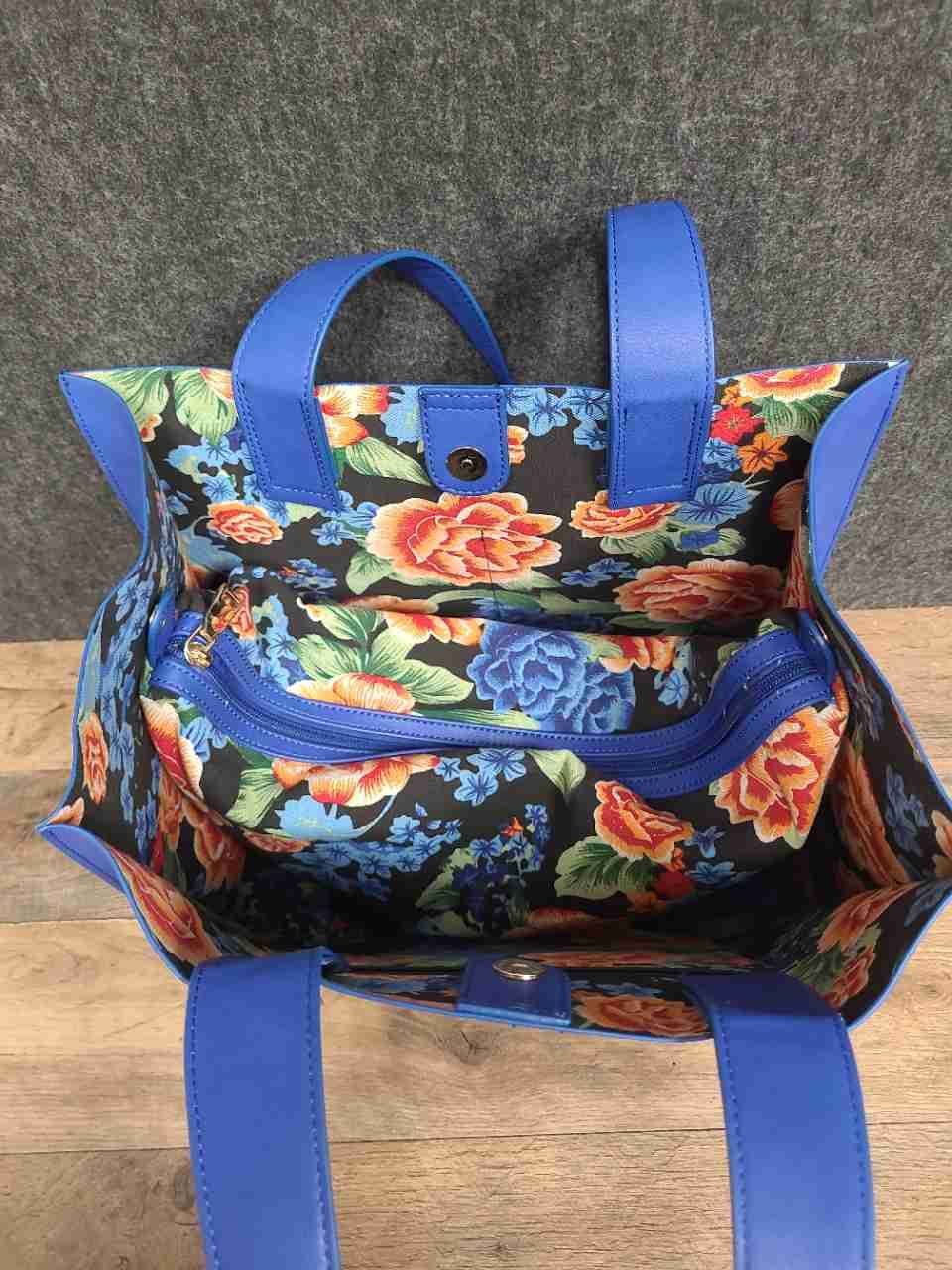 Sondra Roberts Squared Cobalt Blue Faux Leather Tote Bag Floral Lining Tassel