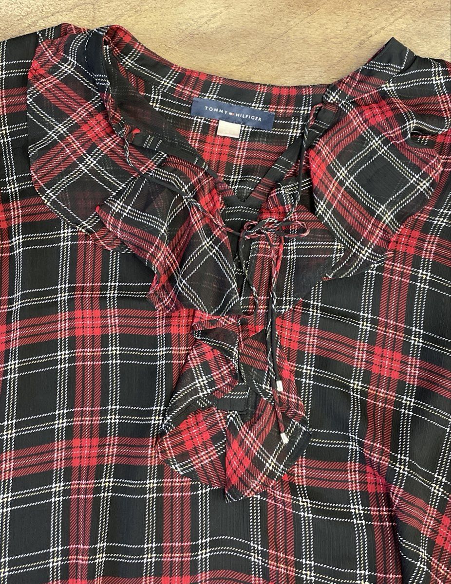 Tommy Hilfiger Women's Red Black Plaid Ruffle Tie Neck Semi Sheer Blouse Sz L