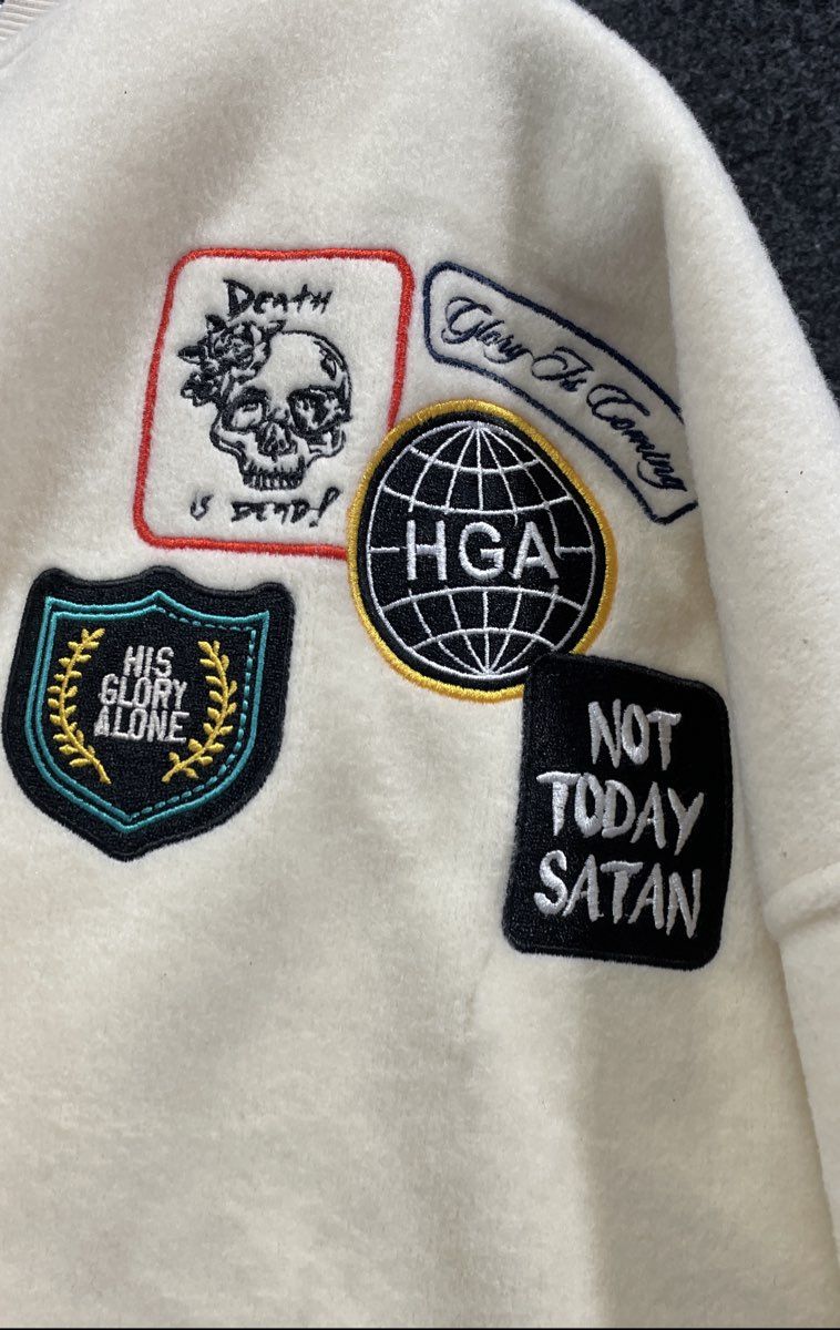 Native Supply Men's White Varsity Jacket His Glory Alone Patches HGA Sz S