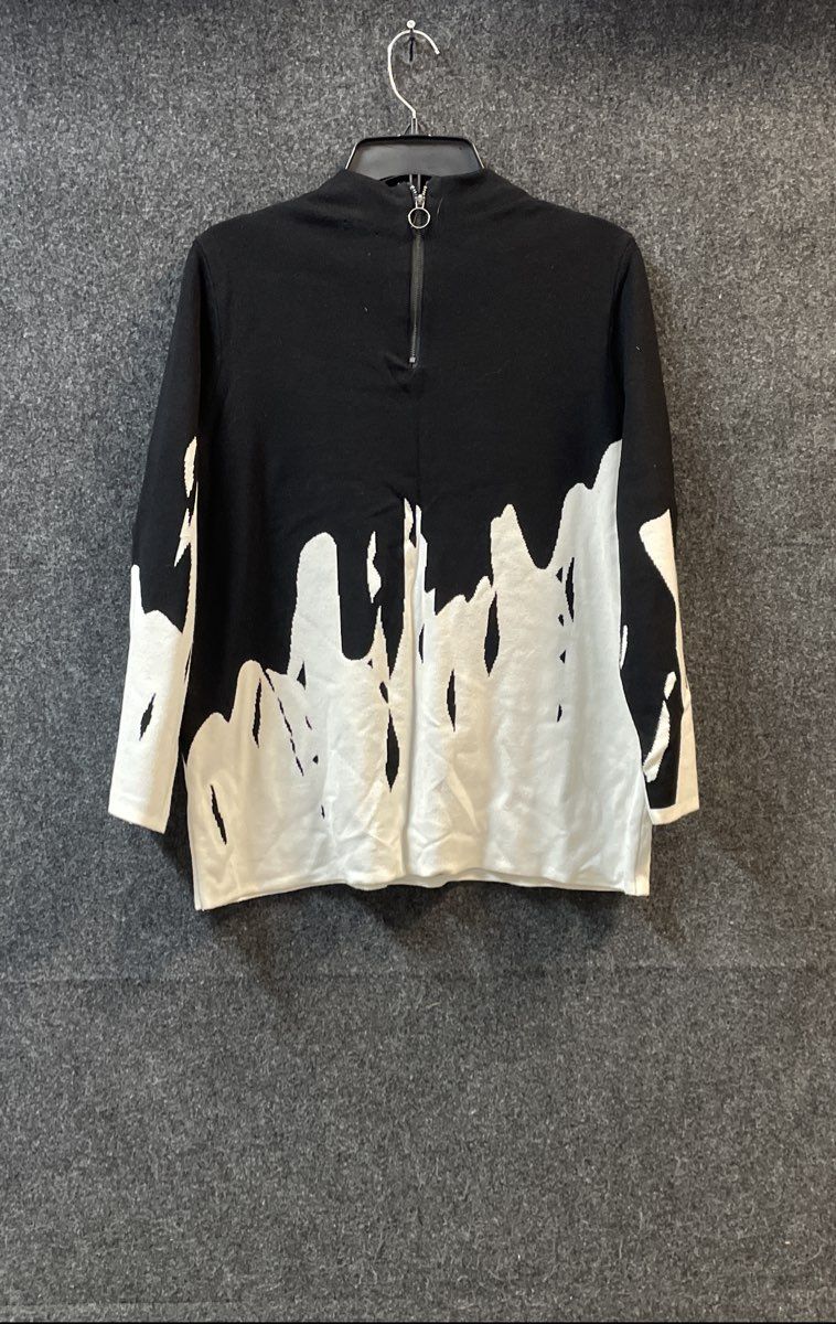 Chico's Women's Black White Graphic Abstract Mock Neck Zip Back Sweater Sz 2