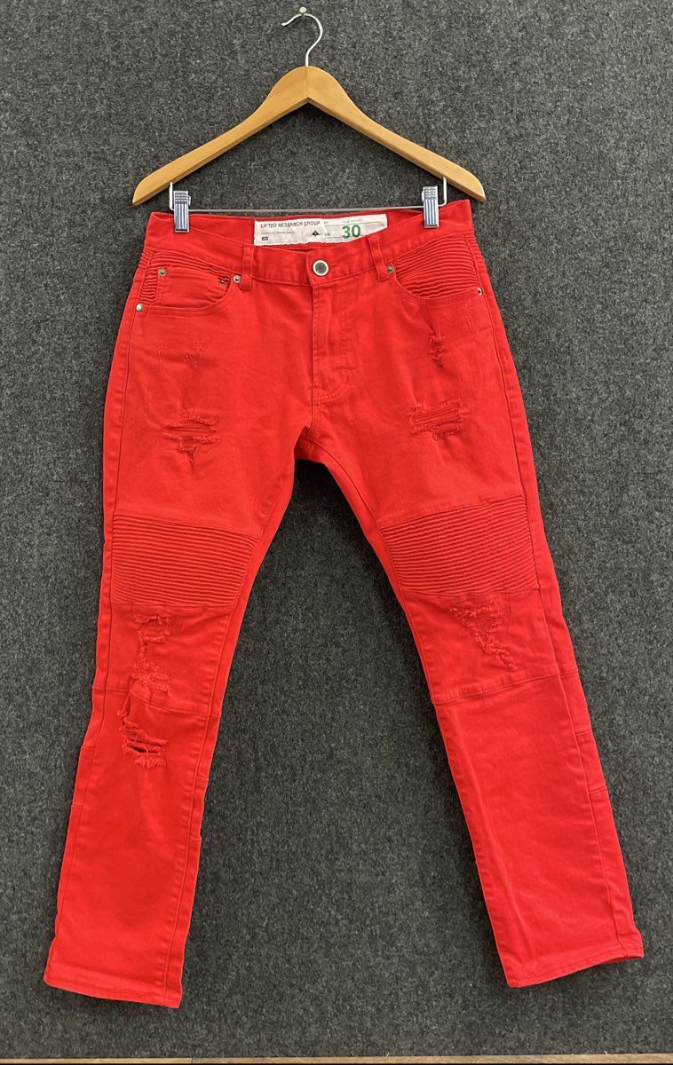 LRG Men's Red Moto Biker Distressed Ribbed True Tapered Jeans Sz 30