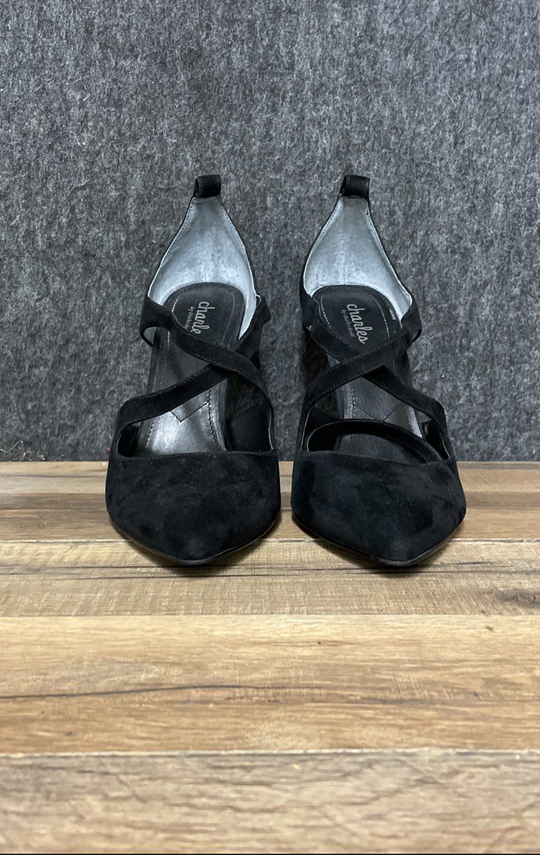 Charles by Charles David Black Suede Asymmetrical Strappy Pointed Toe Heels 10 M