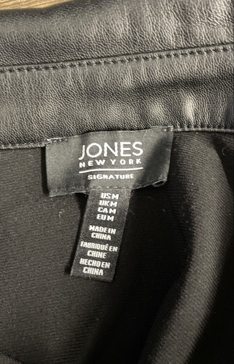 Jones New York Women's Black Faux Leather Trim Roll Tab Sleeve Tunic Top Sz M