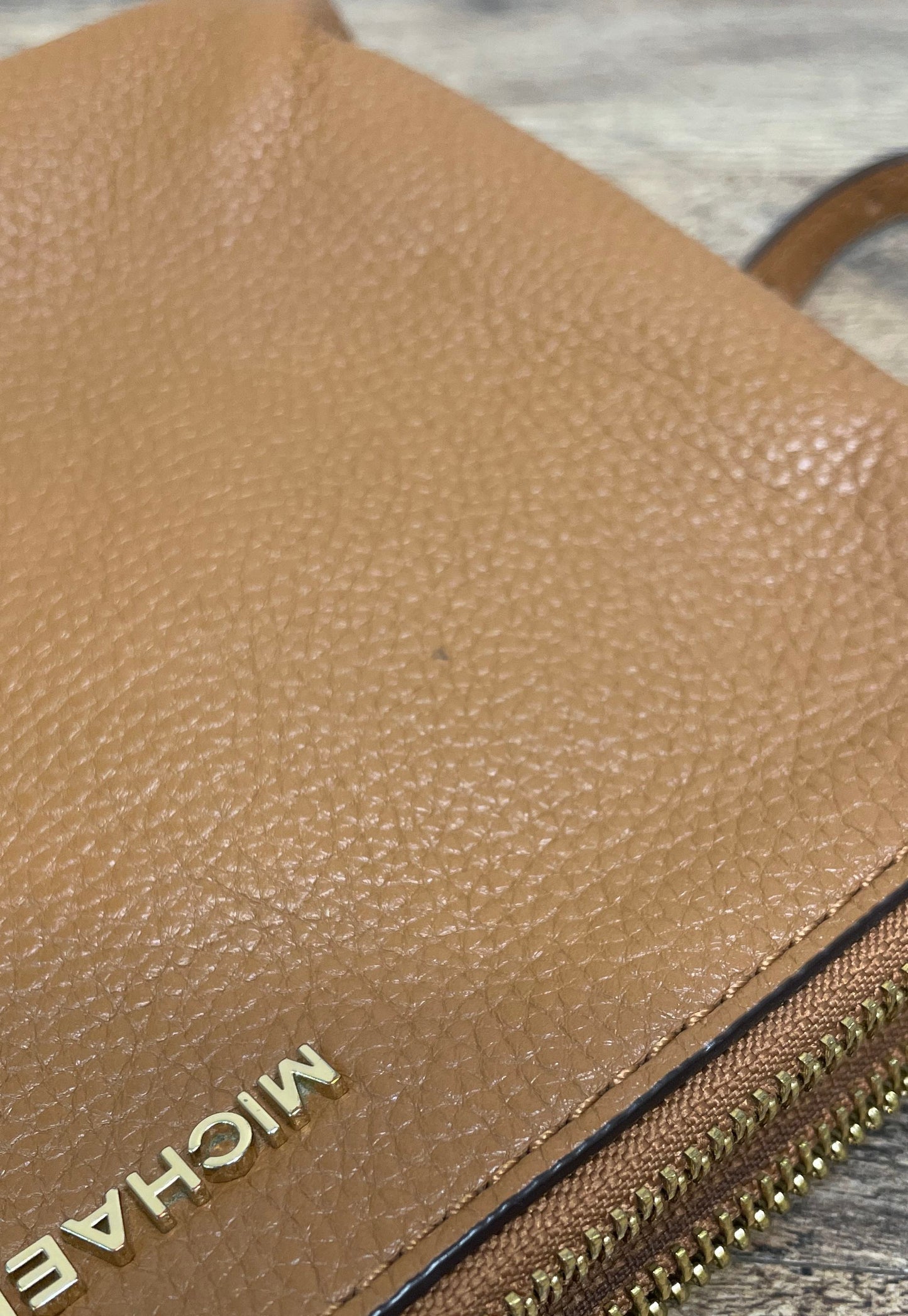 Michael Kors Brown Pebbled Leather Monogram Crossbody Bag Gold Hardware