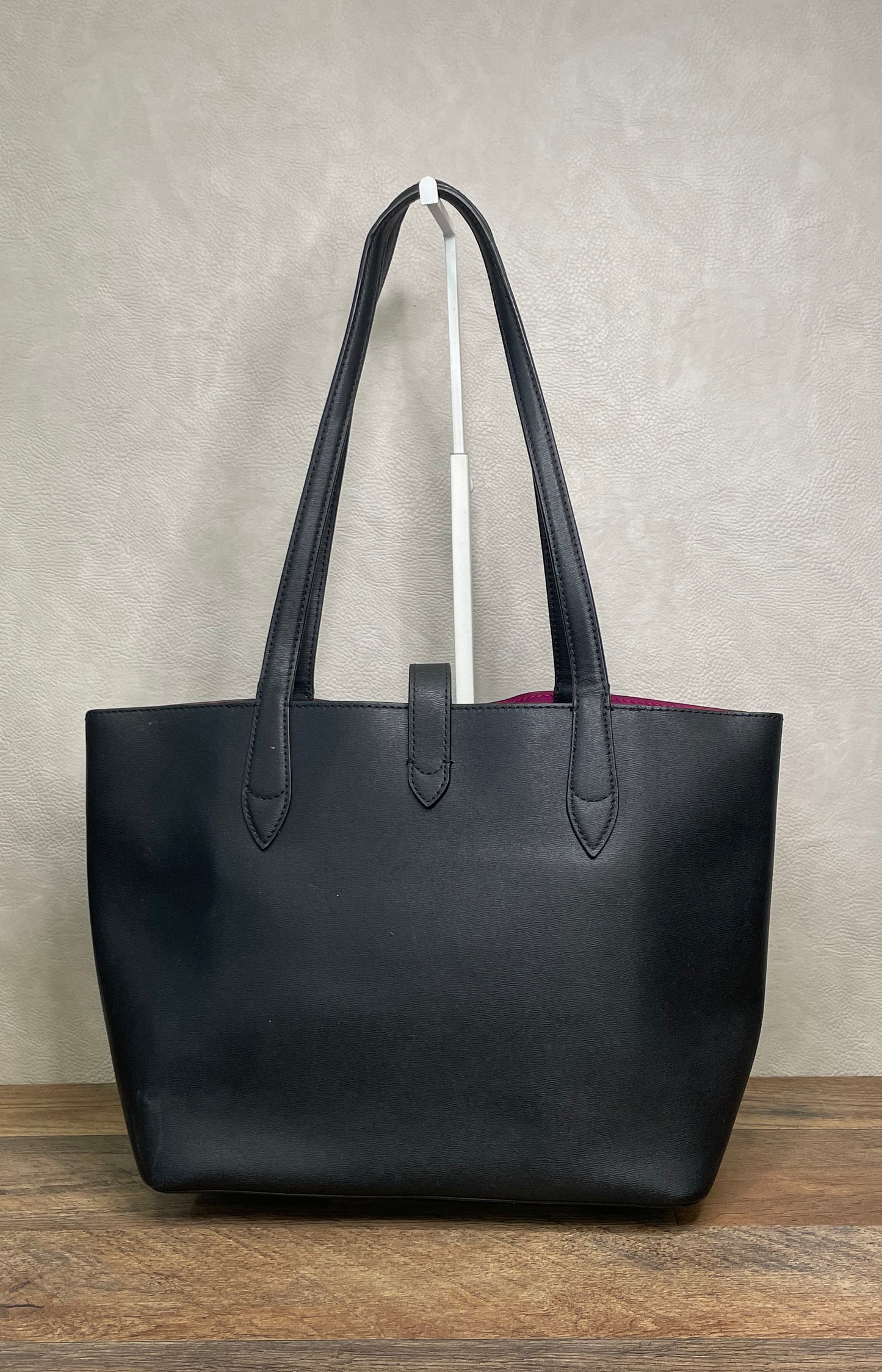 Kate Spade Black Leather Flower Twist Lock Tote Bag Pink Lining Medium