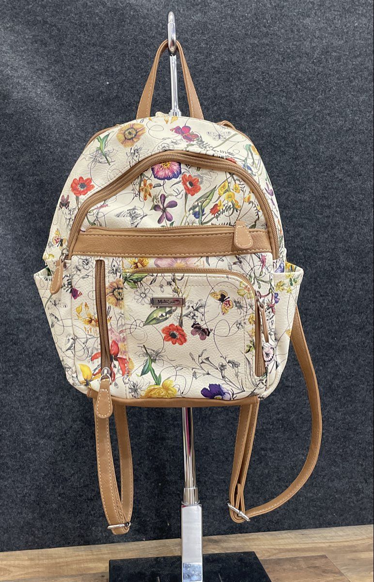 Multisac White Floral Butterfly Leather Mini Backpack Multi-Pocket Purse Bag