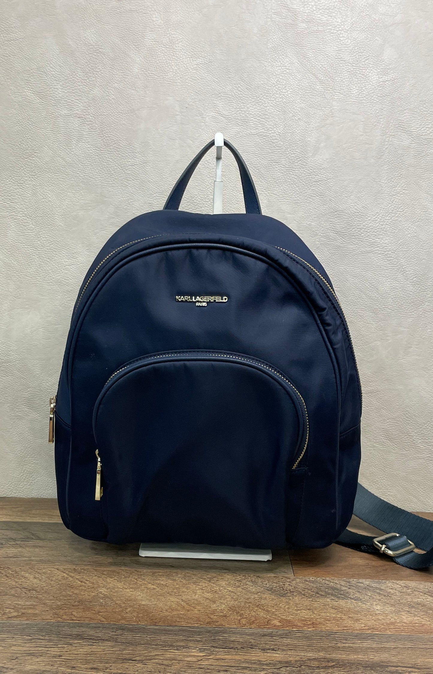 Karl Lagerfeld Navy Blue Nylon Gold Hardware Zip Backpack Bag