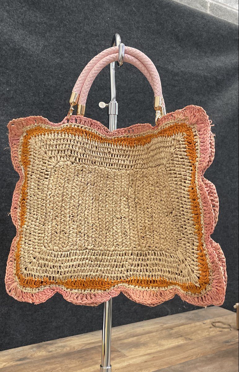 Payton James Brown Orange Pink Woven Raffia Scalloped Mat Handbag Handmade