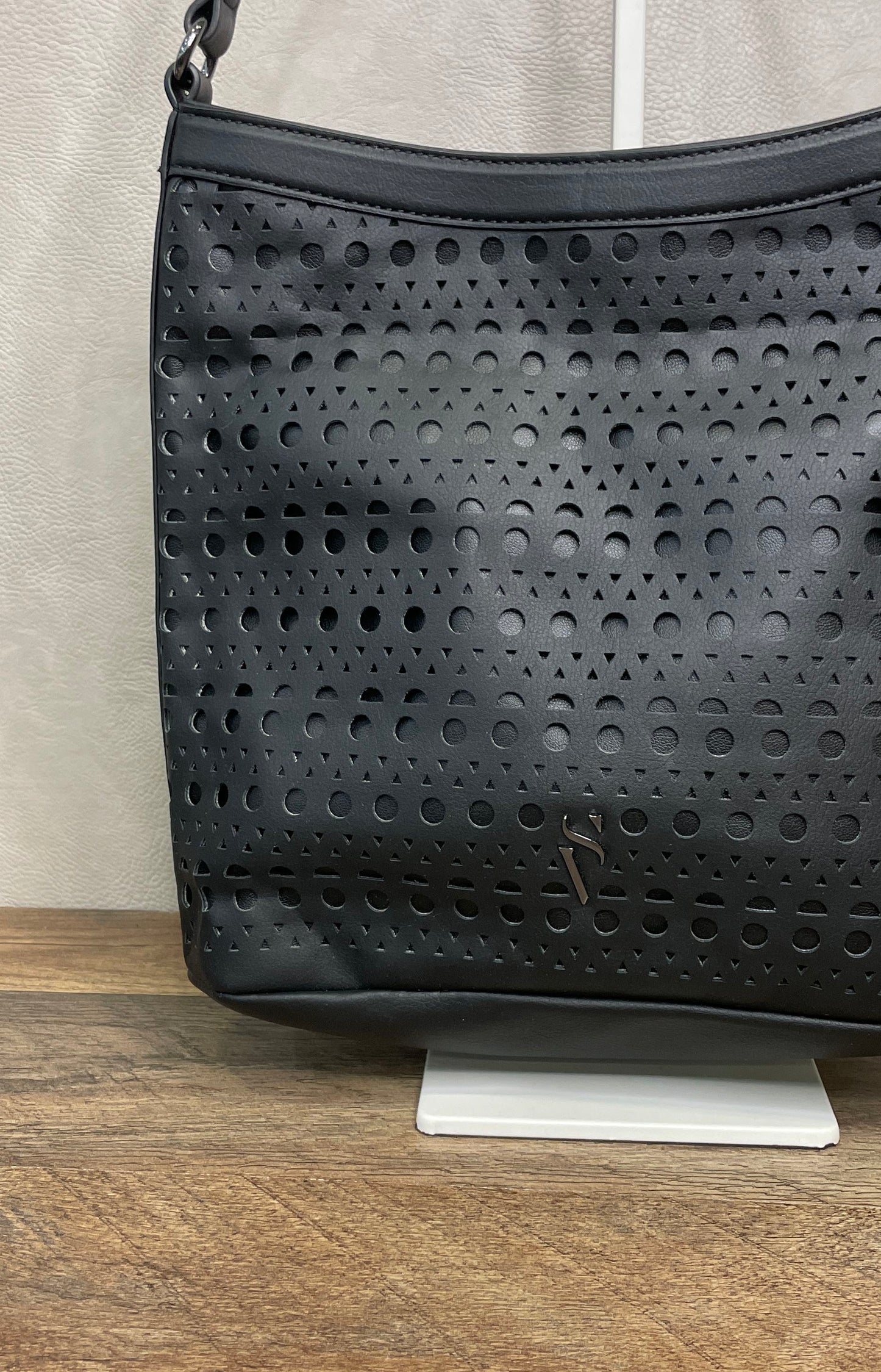 Simply Vera Vera Wang Black Leather Perforated Laser Cut Shoulder Bag Tote