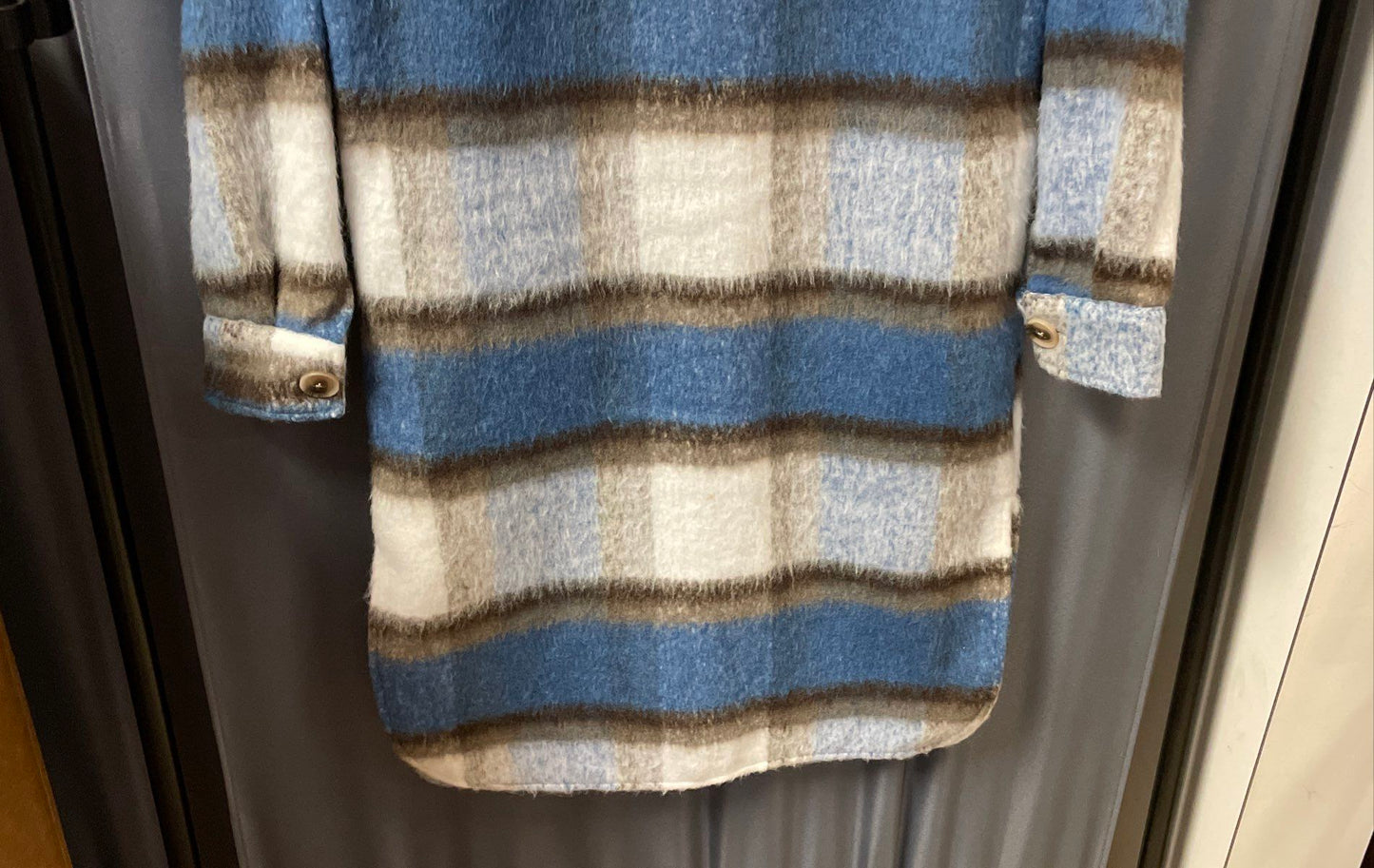 SO Women's Blue Cream Longline Plaid Shacket Fuzzy Button Up Coat NWT Sz XS