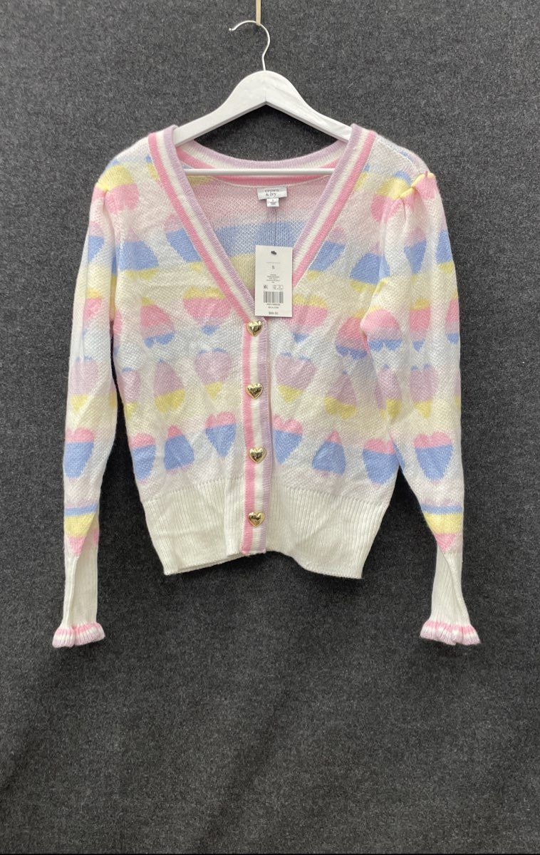 Crown & Ivy Women's Ivory Hearts Aplenty Cardigan Gold Heart Buttons NWT Sz S