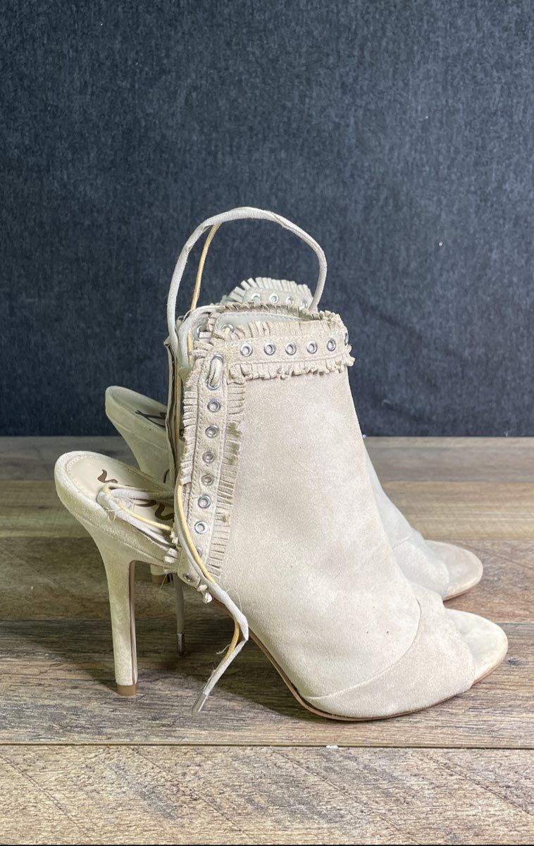 Sam Edelman Artie Beige Suede Fringe Lace Up Stiletto Heels Women's Size 8.5