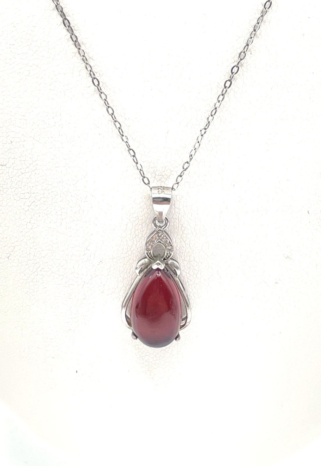 925 Sterling Silver Teardrop Amber W/ CZ Accents Pendant Necklace 2.1g