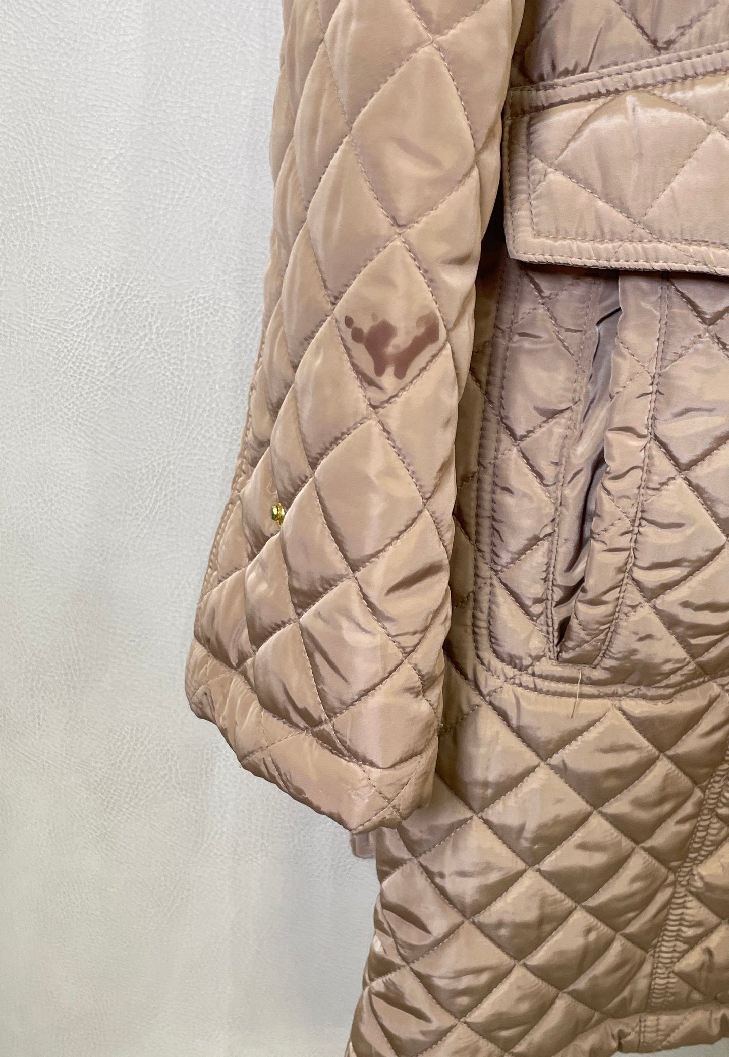 Michael Kors Women's Quilted Jacket Taupe Tan Belted Hooded Gold Hardware Sz L