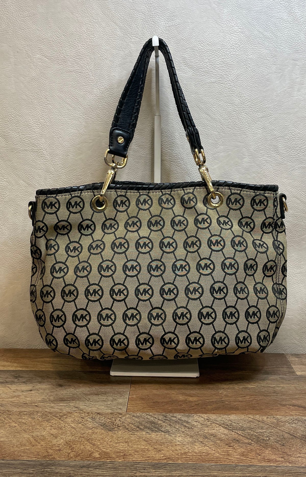 Michael Kors Beige Black Monogram Canvas Shoulder Bag Gold Tassel Braided Handle