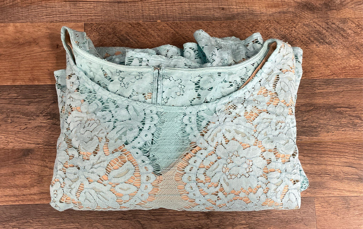 Lane Bryant Women's Light Blue Floral Lace Bell Sleeve Shift Dress Sz 28