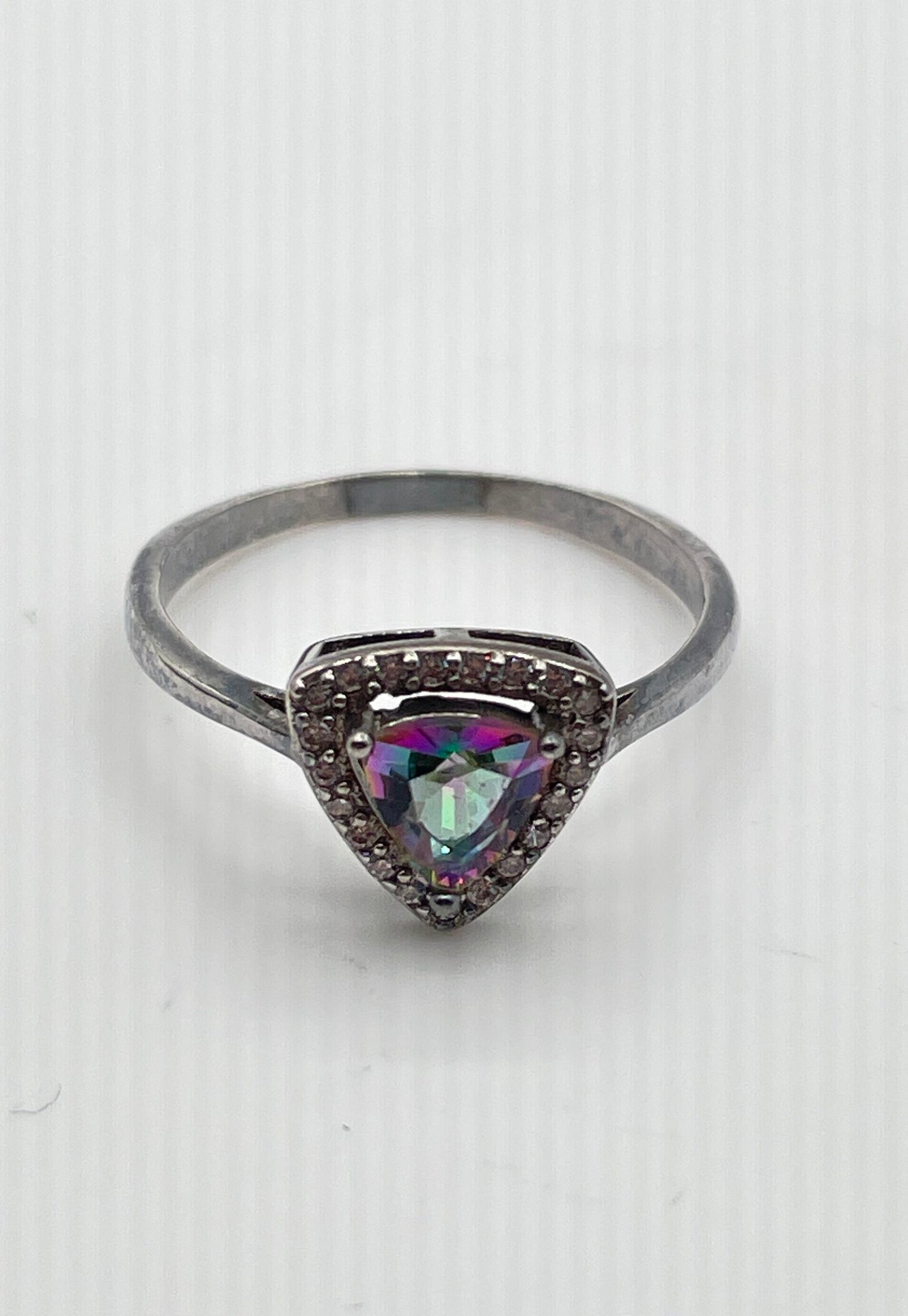 925 Sterling Silver Trillion Cut Mystic Topaz Ring w/ CZ Accent Stones 2.4g