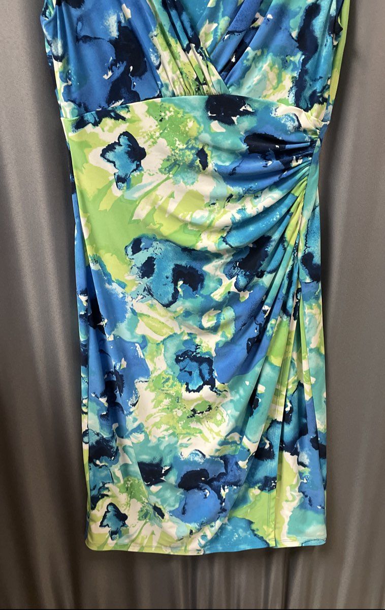 Lauren Ralph Lauren Blue Green Watercolor Floral Ruched Dress Sz 6