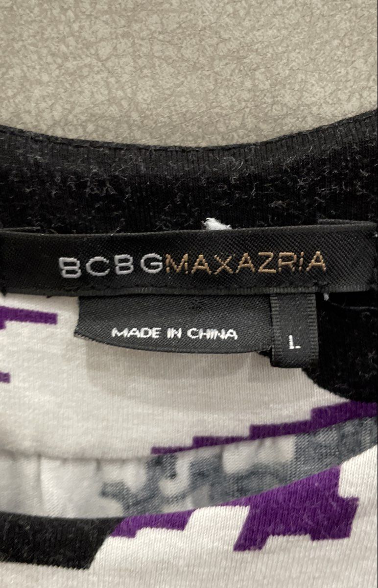 BCBG Max Azria Women's Purple Black White Abstract Floral Tunic Top Size L