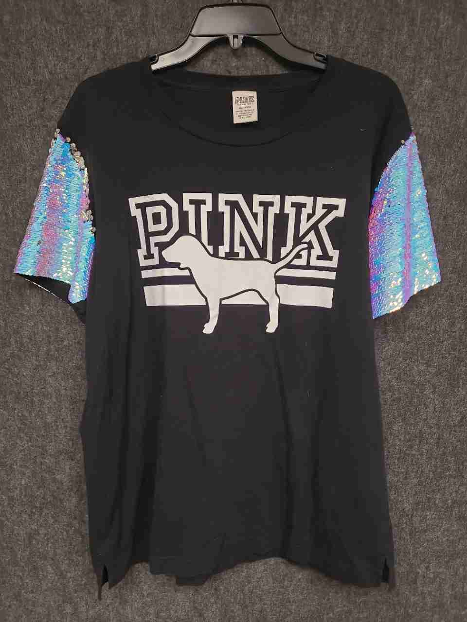 Victoria's Secret PINK Women's Black Sequin Short Sleeve T-Shirt Dog Logo Sz L