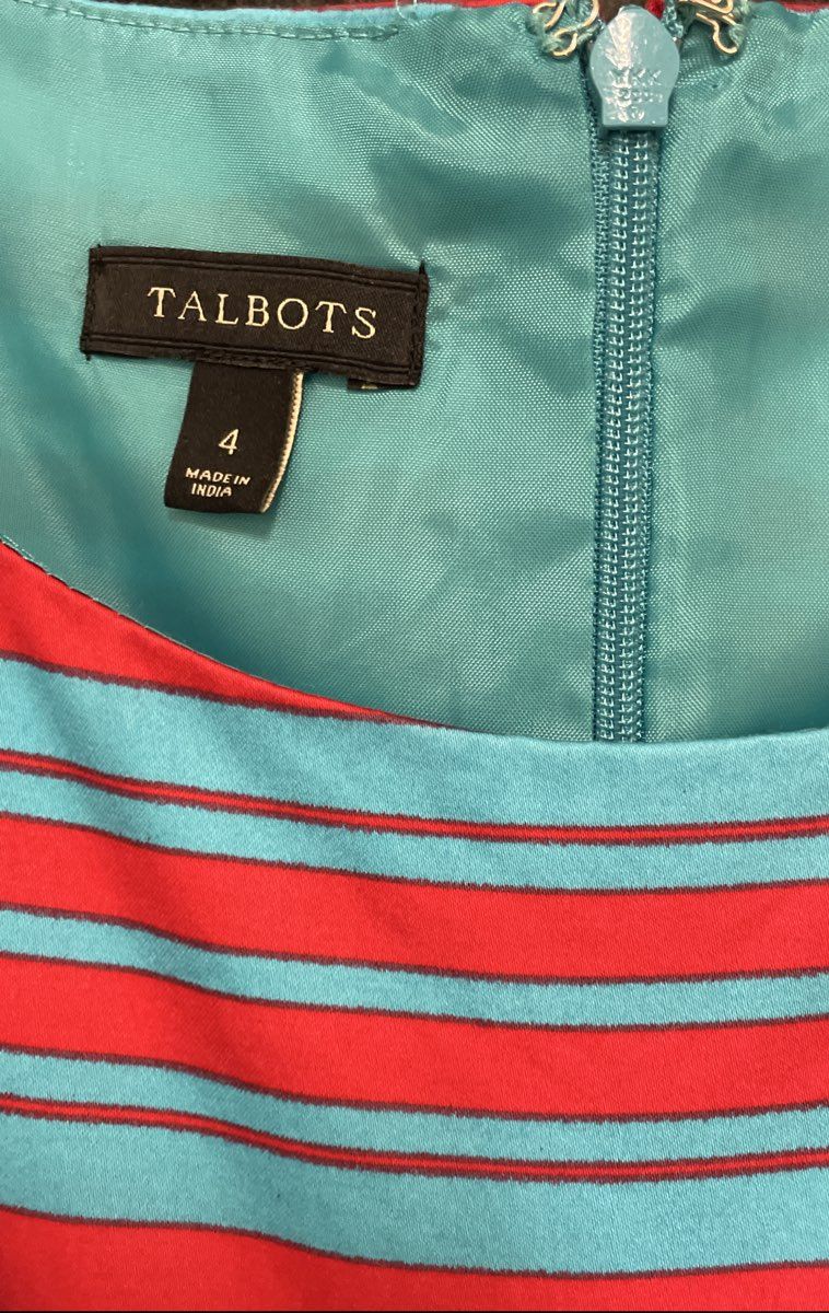 Talbots Women's Blue Red Striped Sleeveless Fit Flare A-Line Pleated Dress Sz 4