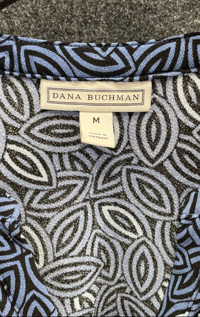 Dana Buchman Women's Blue Geometric Leaf Print Long Sleeve Split Neck Top Size M