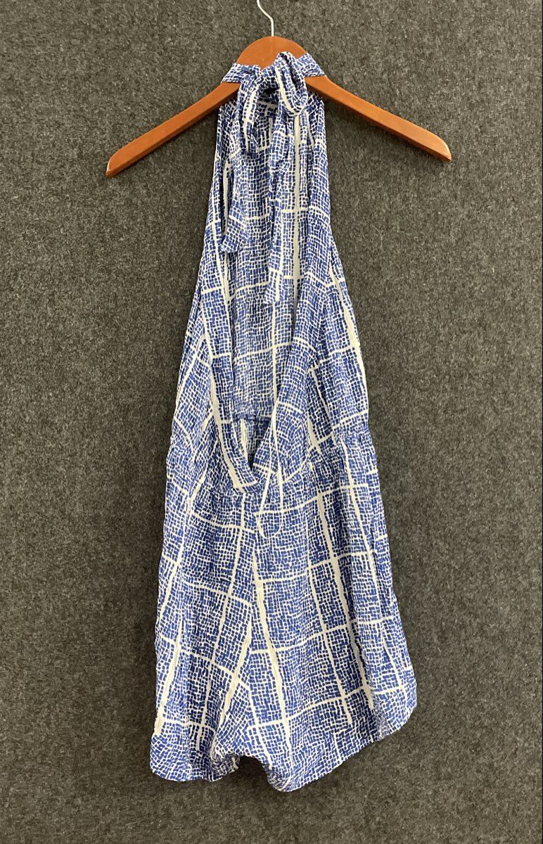 Tavik Women's Blue White Grid Print Halter Romper Playsuit Size L