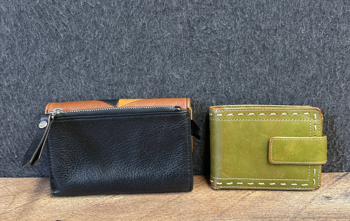 Fossil Patchwork Leather Tri-Fold & Green Bifold Wallet Purse Lot of 2
