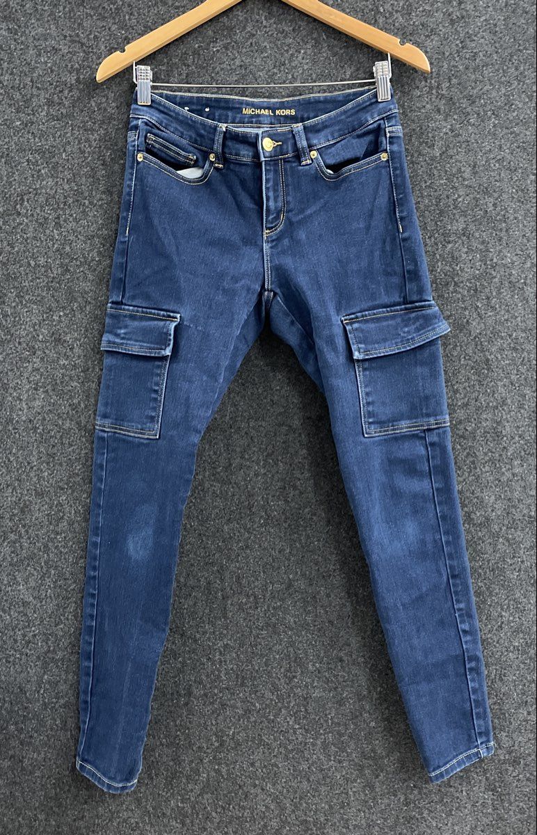 Michael Kors Women's Izzy Skinny Blue Dark Wash Cargo Stretch Jeans Sz 2