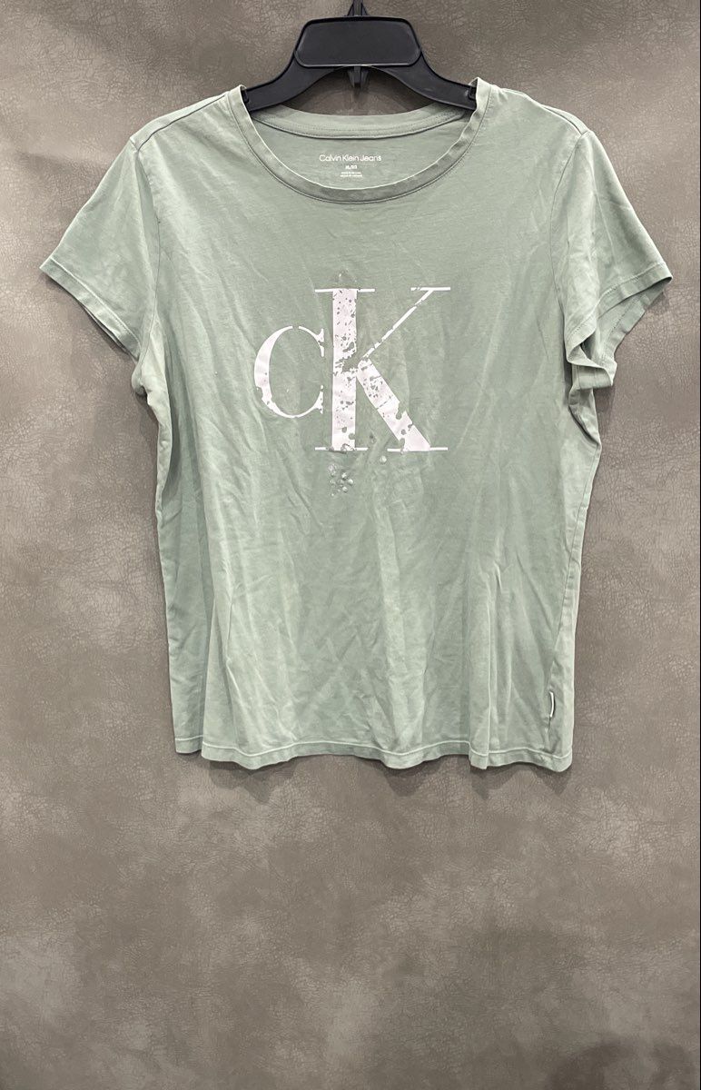 Calvin Klein Jeans Women's Sage Green Distressed Logo Glitter T-Shirt Sz XL