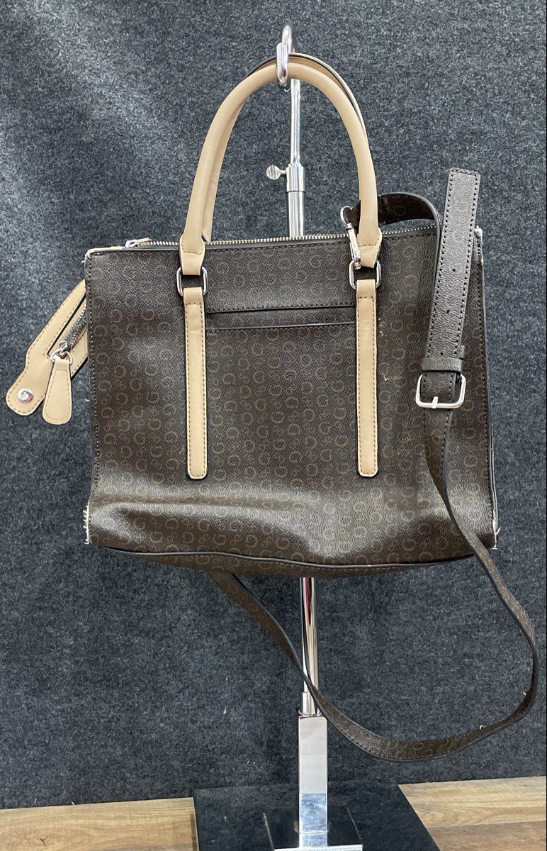 Guess Brown Leather Monogram Satchel Handbag Crossbody Bag Tan Trim