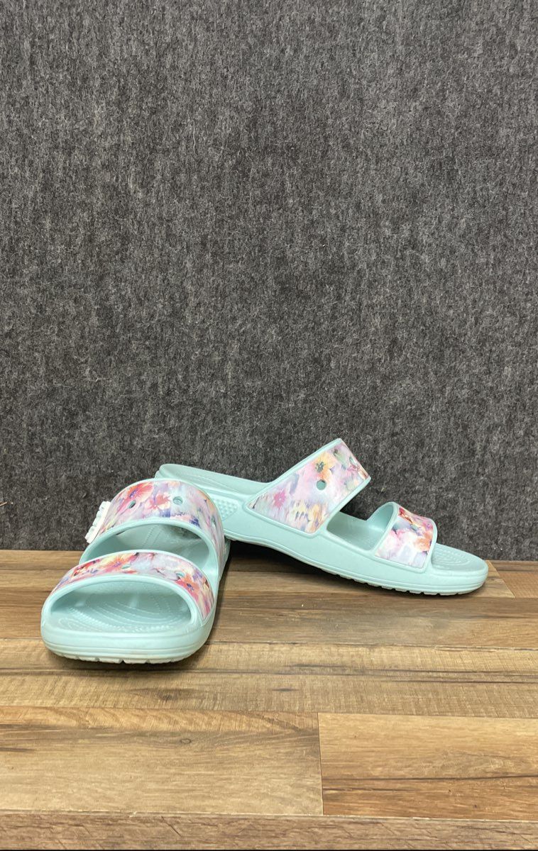 Crocs Classic Dream Sandal Mint Floral Two Strap Slides Men's 9 Women's 11