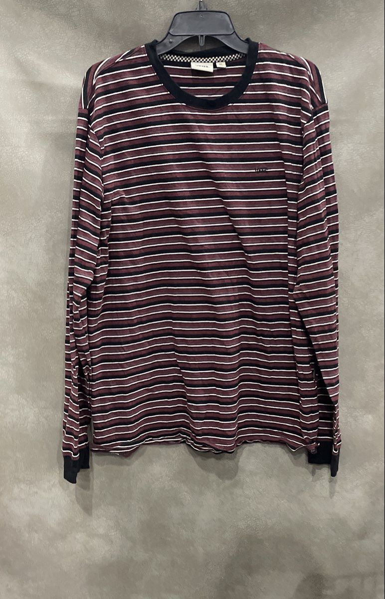 Vans Men's Long Sleeve T-Shirt Maroon Black Striped Embroidered Logo Cotton XL