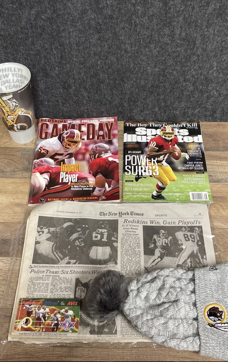 Washington Redskins NFL Memorabilia Lot 6 Pcs Beanie Magazine Newspaper Cup