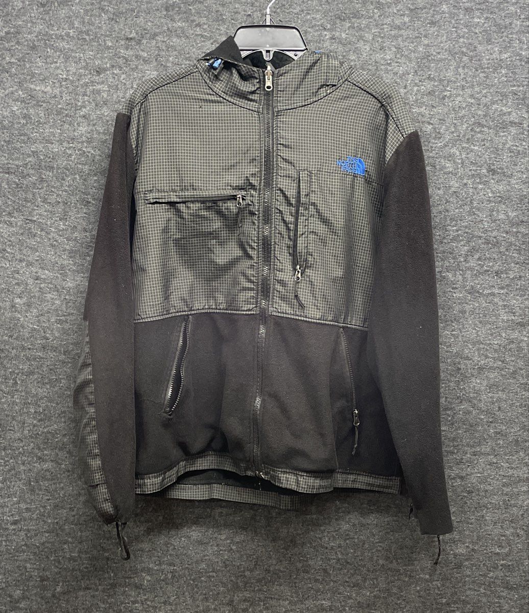 The North Face Men's Black Gray Grid Full Zip Hooded Fleece Jacket Size L