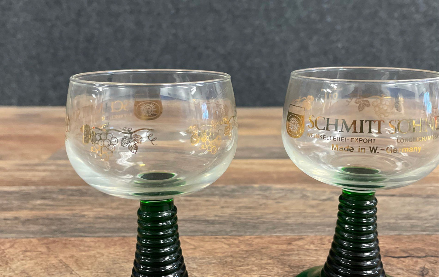 Vintage Schmitt Sohne Green Beehive Stem Roemer Wine Glasses Set of 2