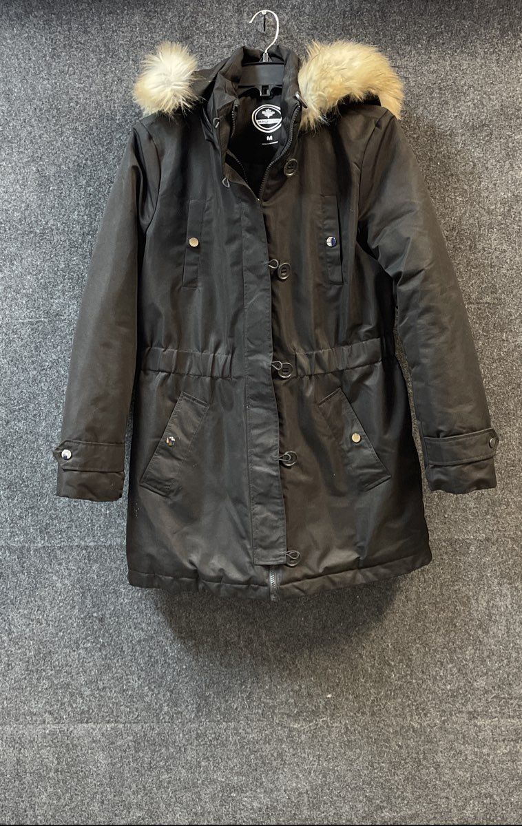 Halitech Women's Black Parka Jacket Faux Fur Hood Insulated Toggle Sz Medium