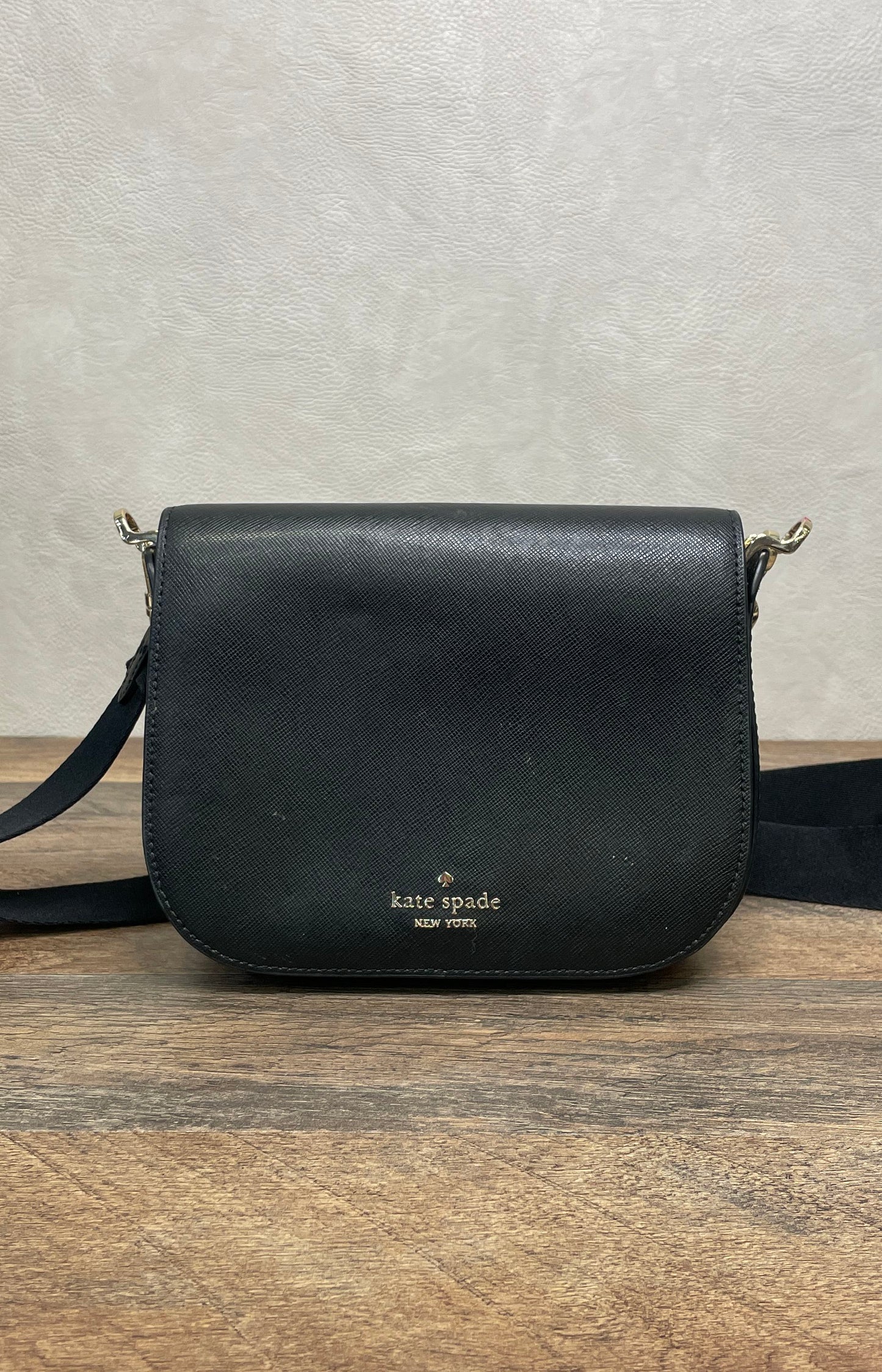Kate Spade Black Saffiano Leather Flap Crossbody Bag Gold Hardware