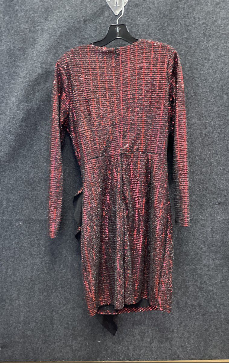 New York & Company Women's Red Black Sequin Ruched V-Neck Long Sleeve Dress Sz L