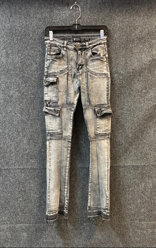 Waimea Boys Gray Acid Wash Tacked Fit Biker Cargo Jeans Distressed Sz 14