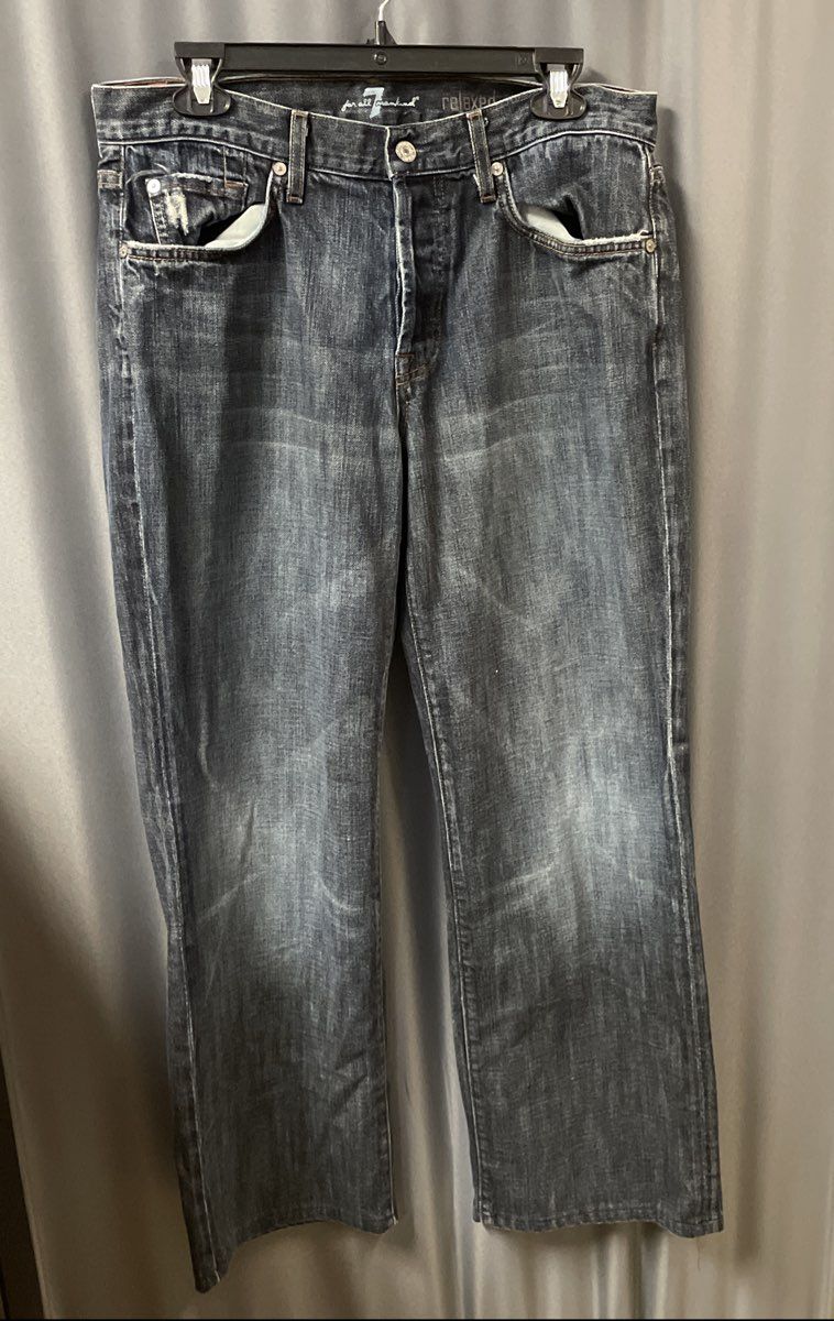 7 For All Mankind Men's Dark Blue Relaxed Fit Distressed Cotton Jeans Sz 33