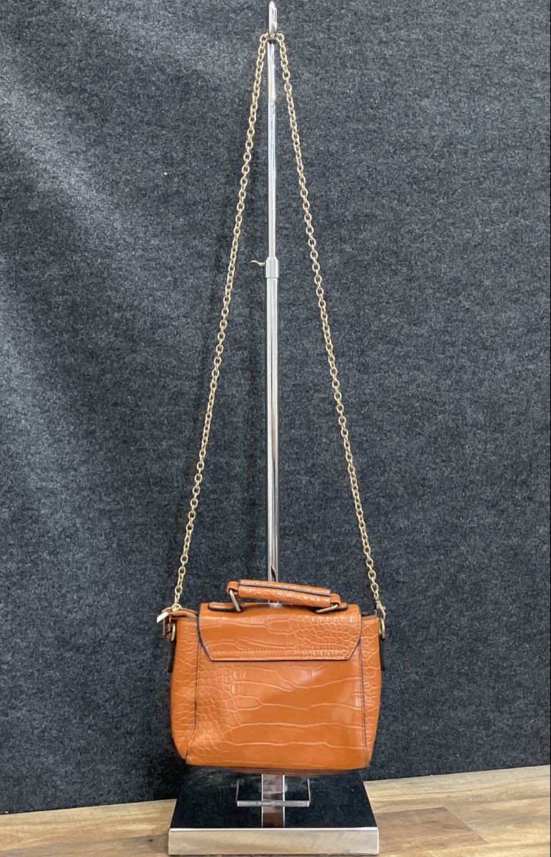 Brown Croc Embossed Leather Satchel Crossbody Bag Gold Chain Strap