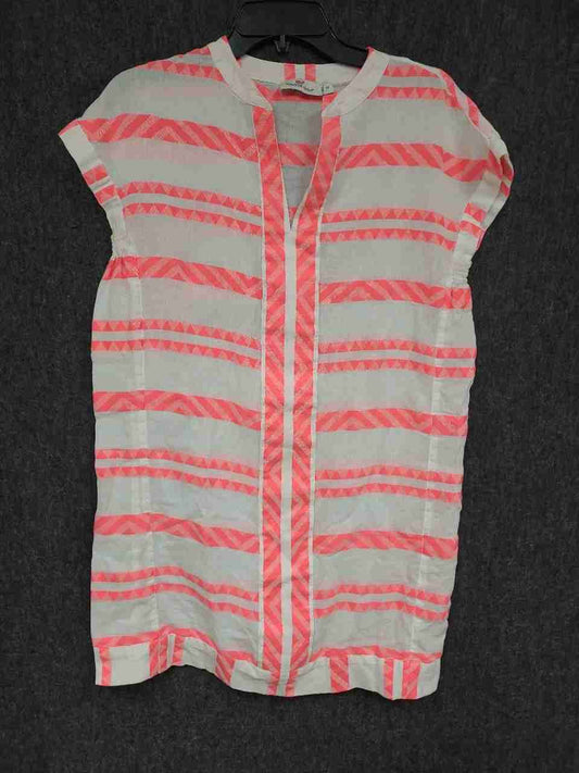 Vineyard Vines Women's Blouse White Neon Pink Geometric Stripe V-Neck Top Sz XS