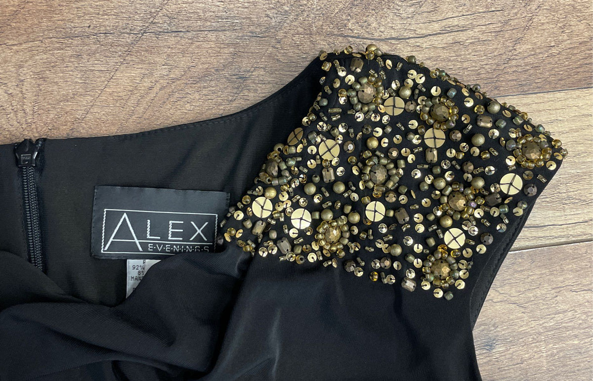 Alex Evenings Women's Black Draped Cowl Neck Beaded Shoulder Cocktail Dress 16