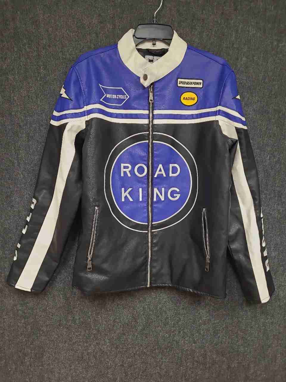 Chor Clothing Company Men's Faux Leather Racing Jacket Black Blue Road King Sz M