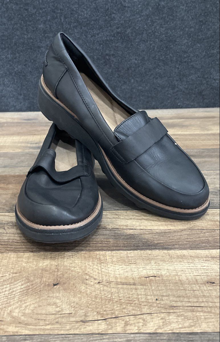 Clarks Sharon Dolly Black Leather Platform Loafers Women's Size 9.5
