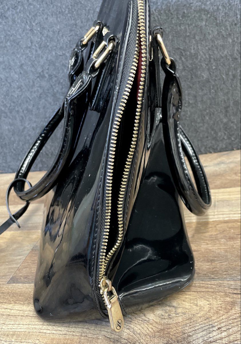 Adrienne Vittadini Black Patent Dome Satchel Bag Gold Tone Hardware