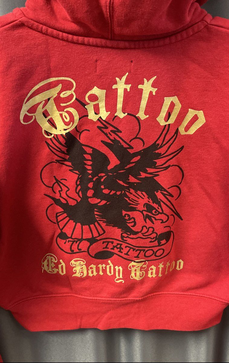 Ed Hardy Women's Red Broken Hearts Tattoo Graphic Eagle Crop Zip Up Hoodie Sz XL
