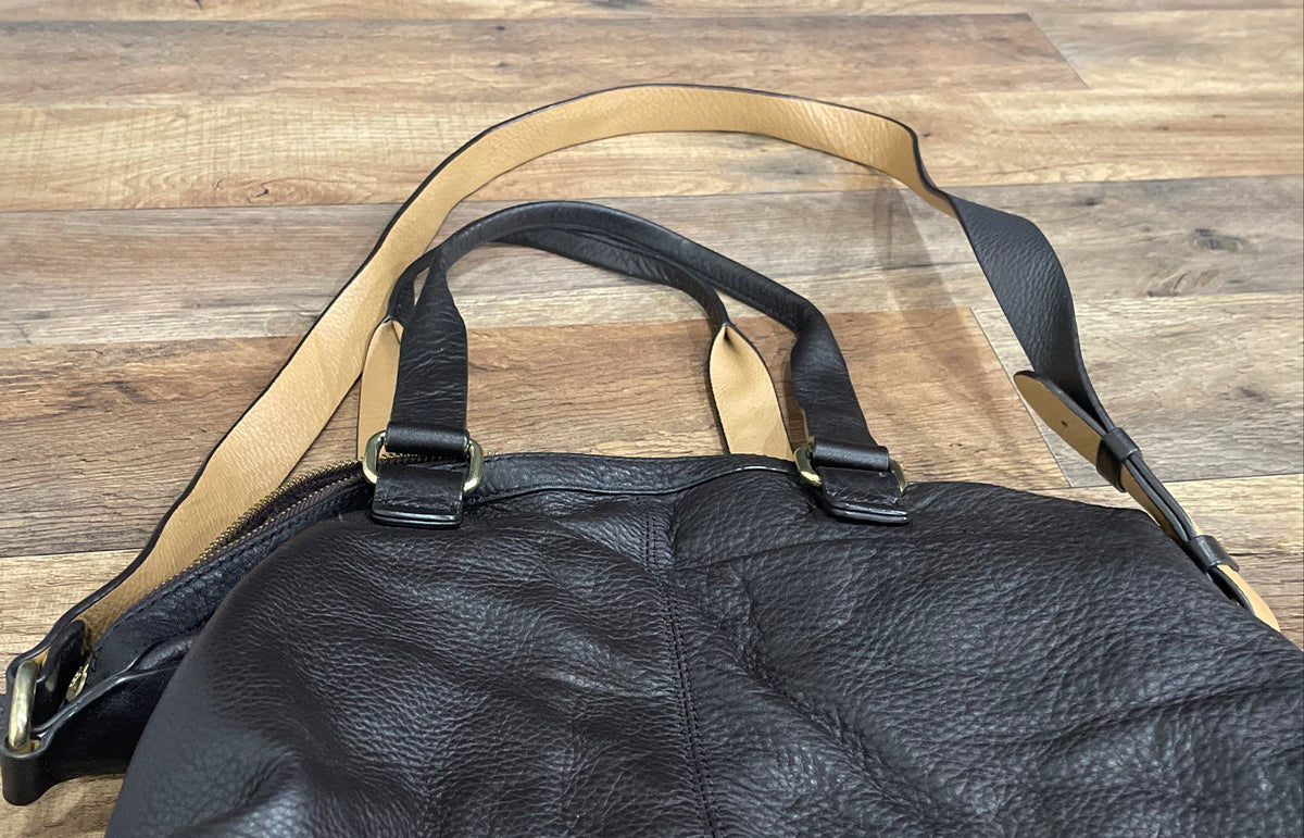 Brown Pebbled Leather Tote Satchel Bag Gold Hardware Adjustable Strap Large