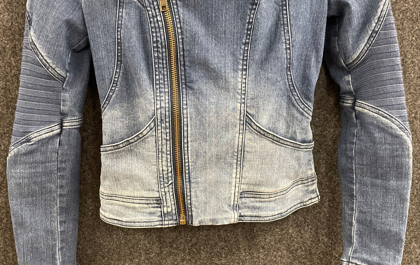 Sam Edelman Women's Blue Denim Moto Jacket Asymmetrical Zip Ribbed Panels Sz XS